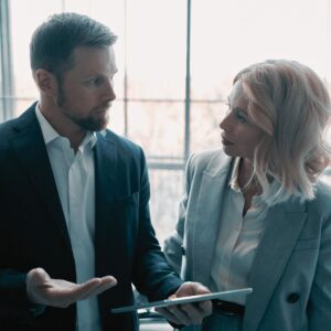 a lawyer speaking to a client