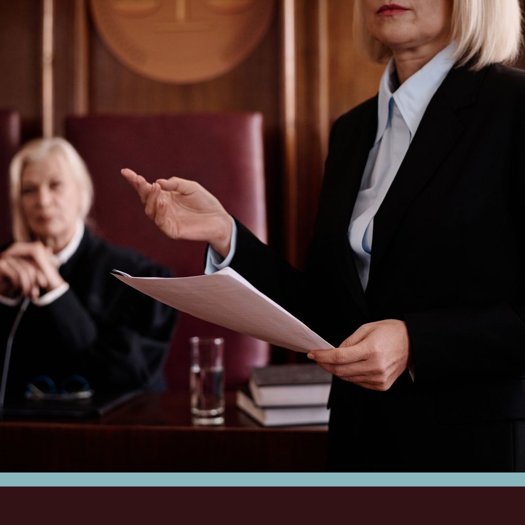 A lawyer speaking in a courtroom