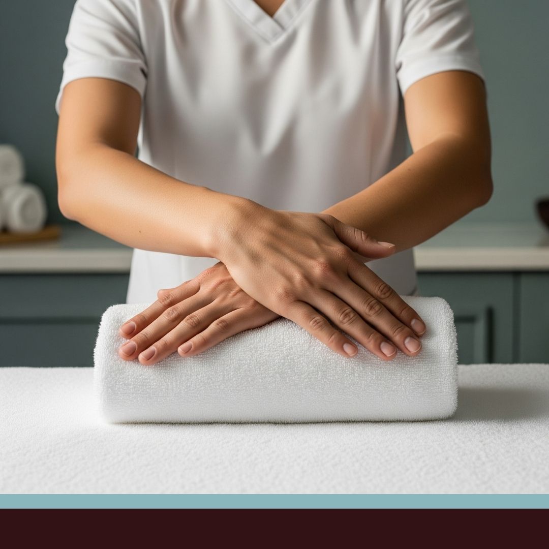 Professional hands of a massage therapist resting on a towel