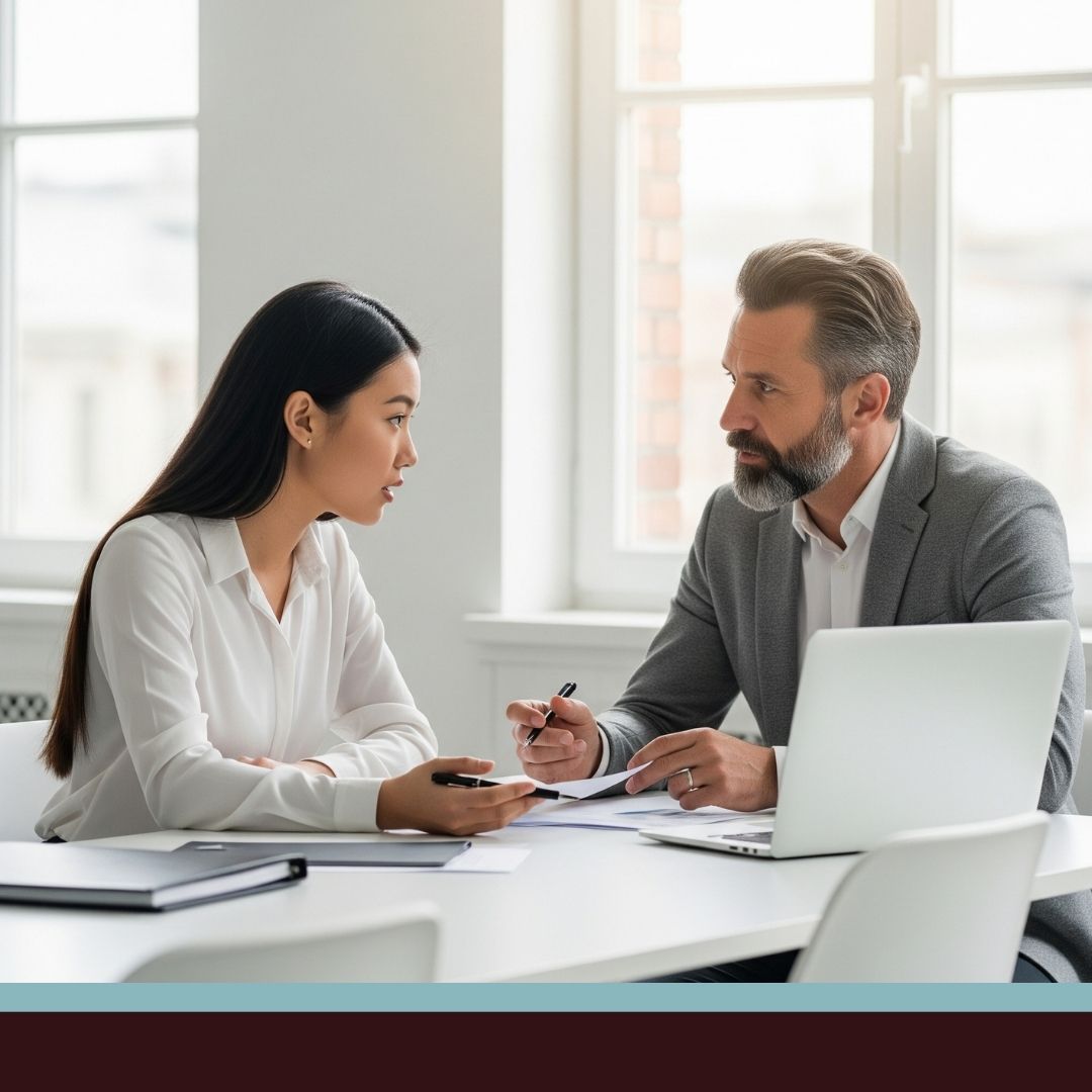 Two professionals engaged in a serious and focused conversation