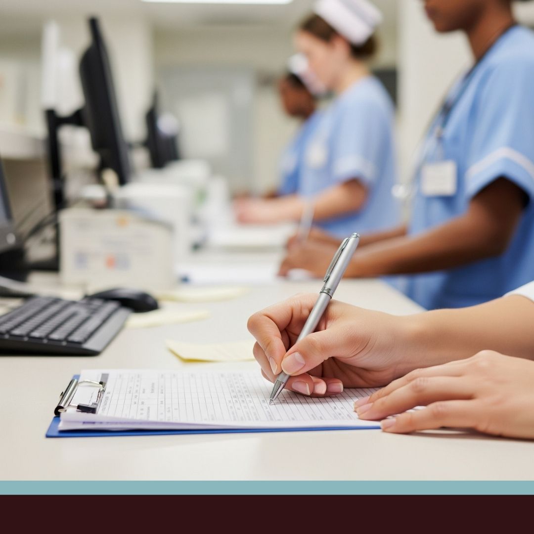 A nurse writing in a patient's chart