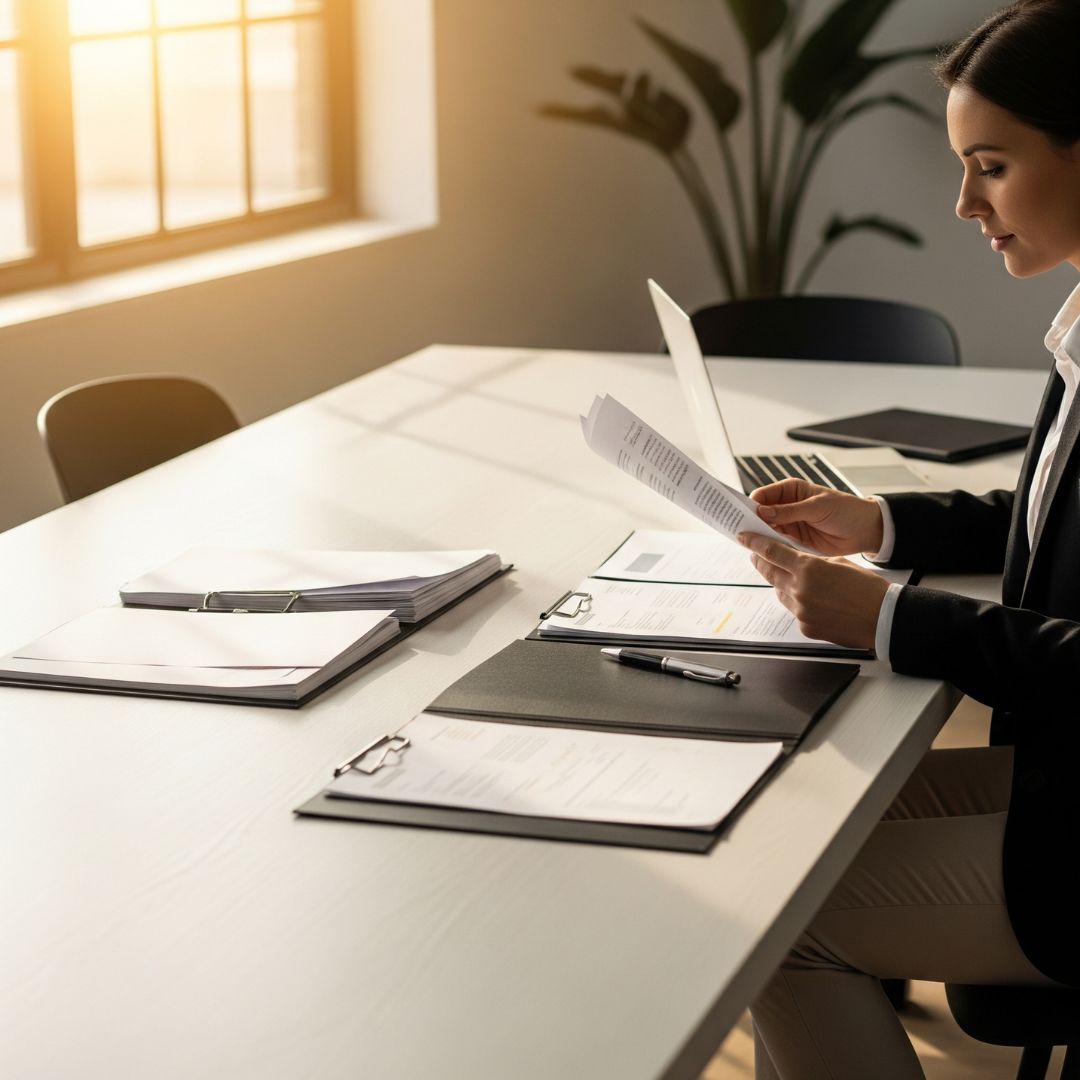 A person carefully reviewing legal documents at a wooden table.