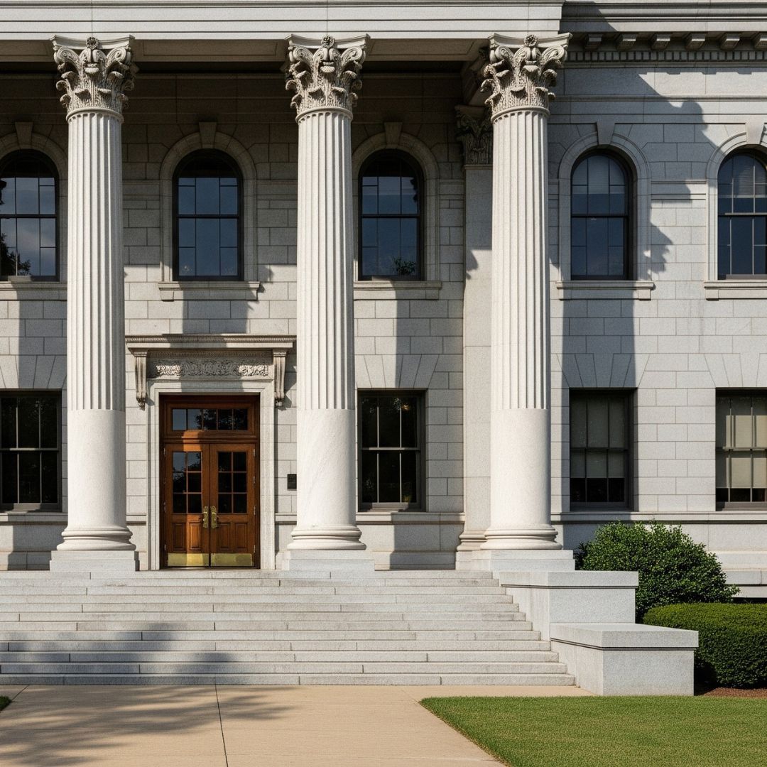 The exterior of a stately courthouse with large columns.