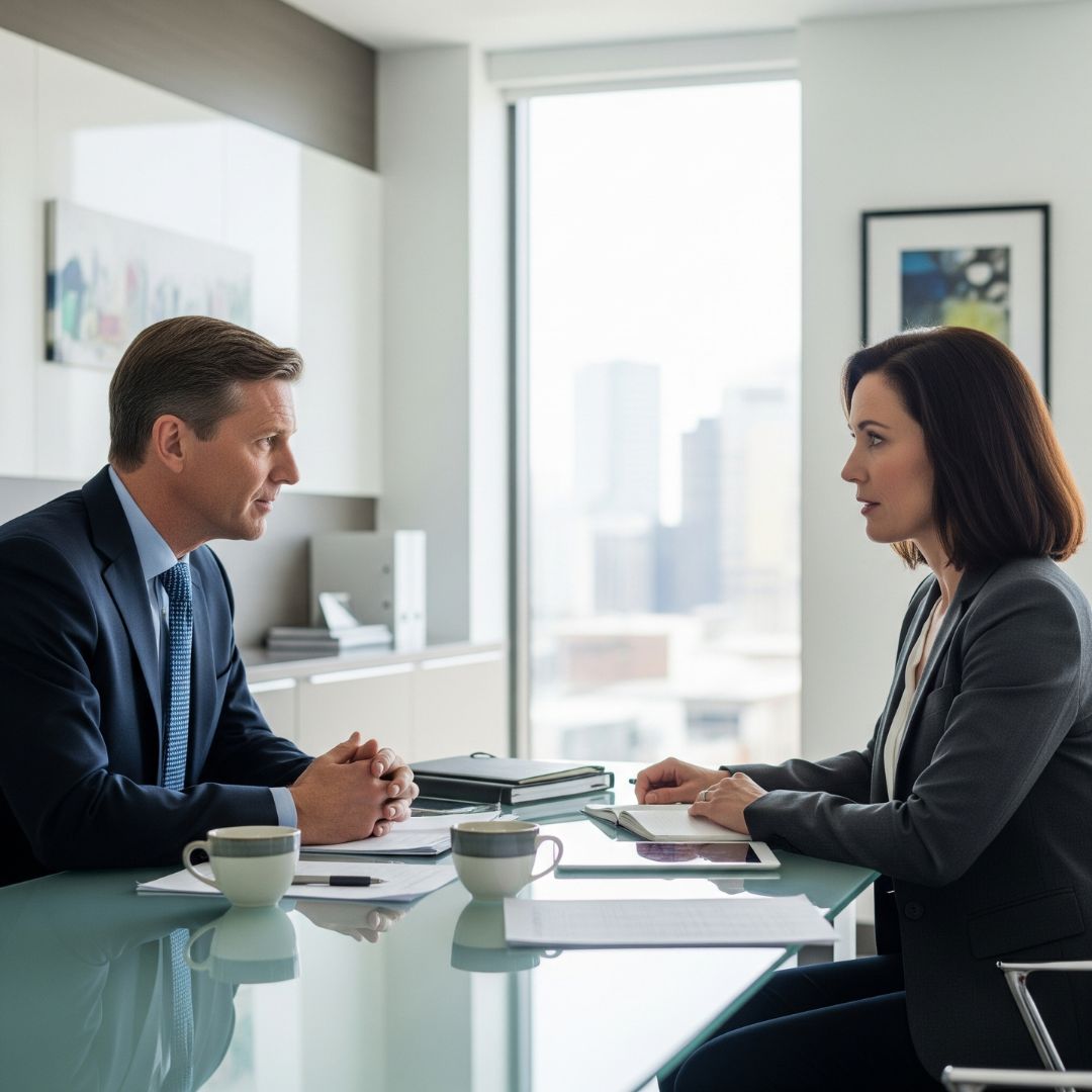 Two diverse professionals engaged in a serious conversation in an office setting.