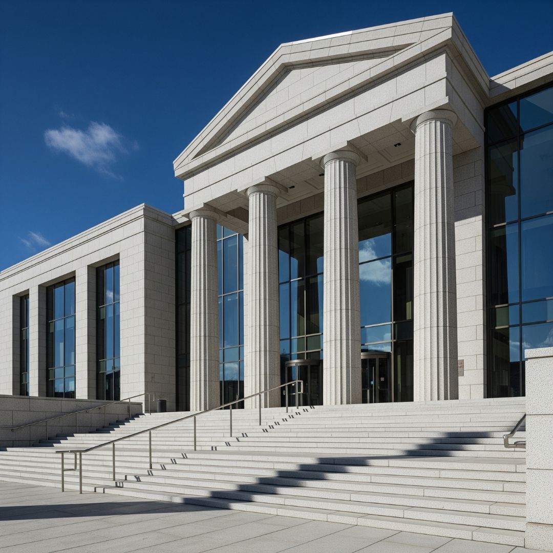 Clean, modern shot of courthouse steps and columns. 