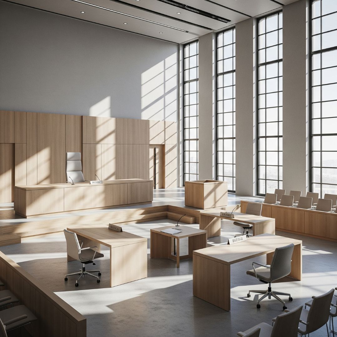 Empty, modern courtroom with natural light from windows. 