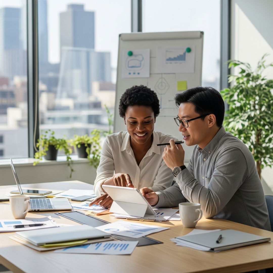 An attorney and client having a collaborative discussion in a modern office.
