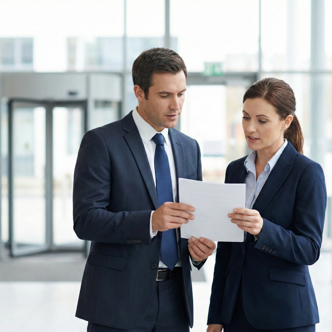 two people looking at a document