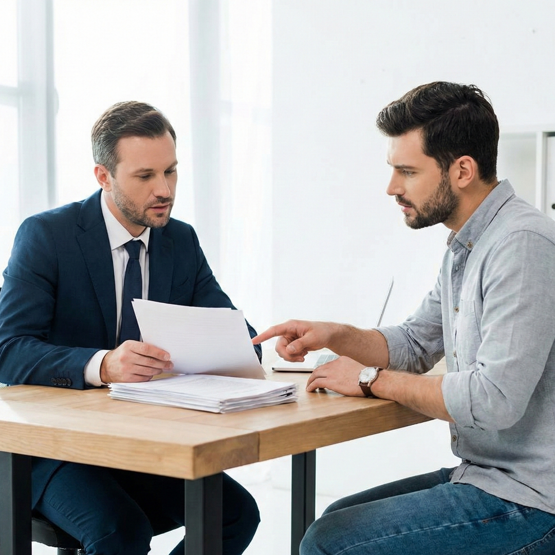 two people looking at a document