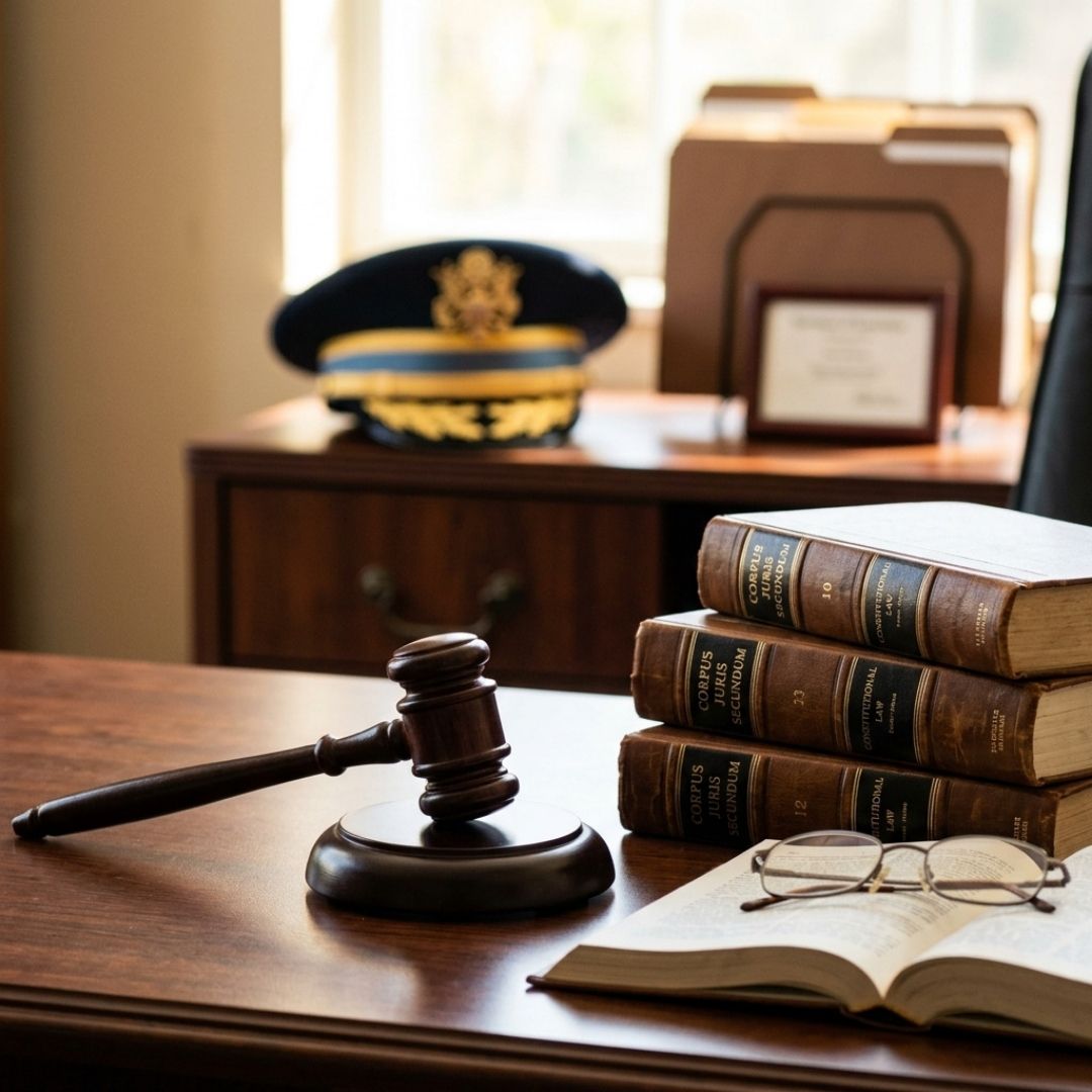 Law books and a wooden gavel symbolizing the federal magistrate court system and military lawyer services.