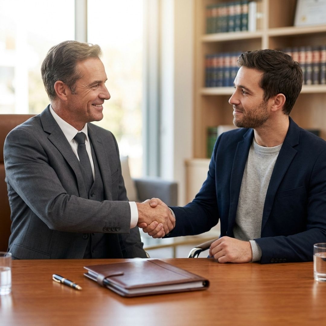 A reassuring handshake between a lawyer and client demonstrating successful legal defense and case resolution.
