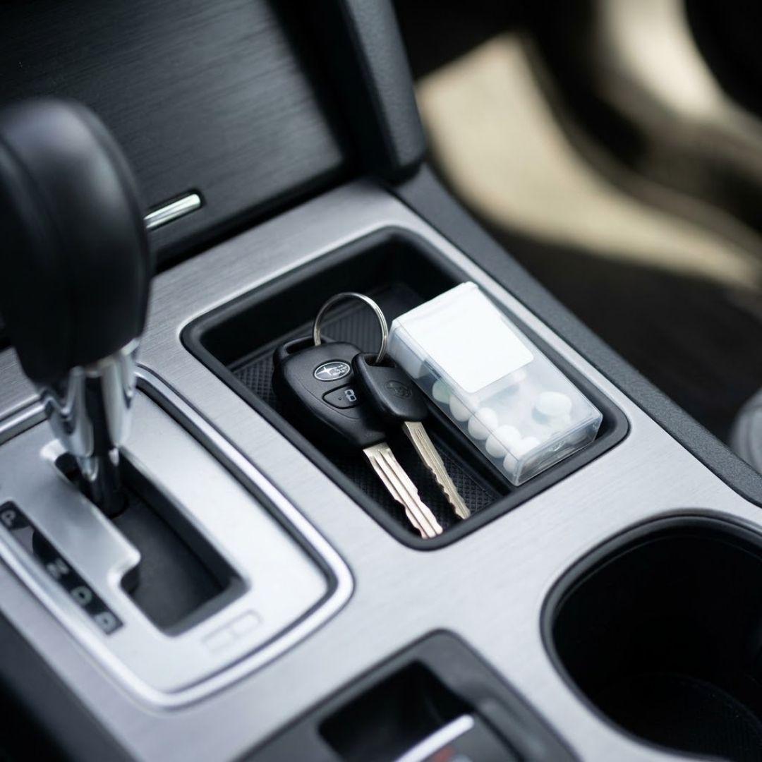 Car keys and a small container in a vehicle's center console.