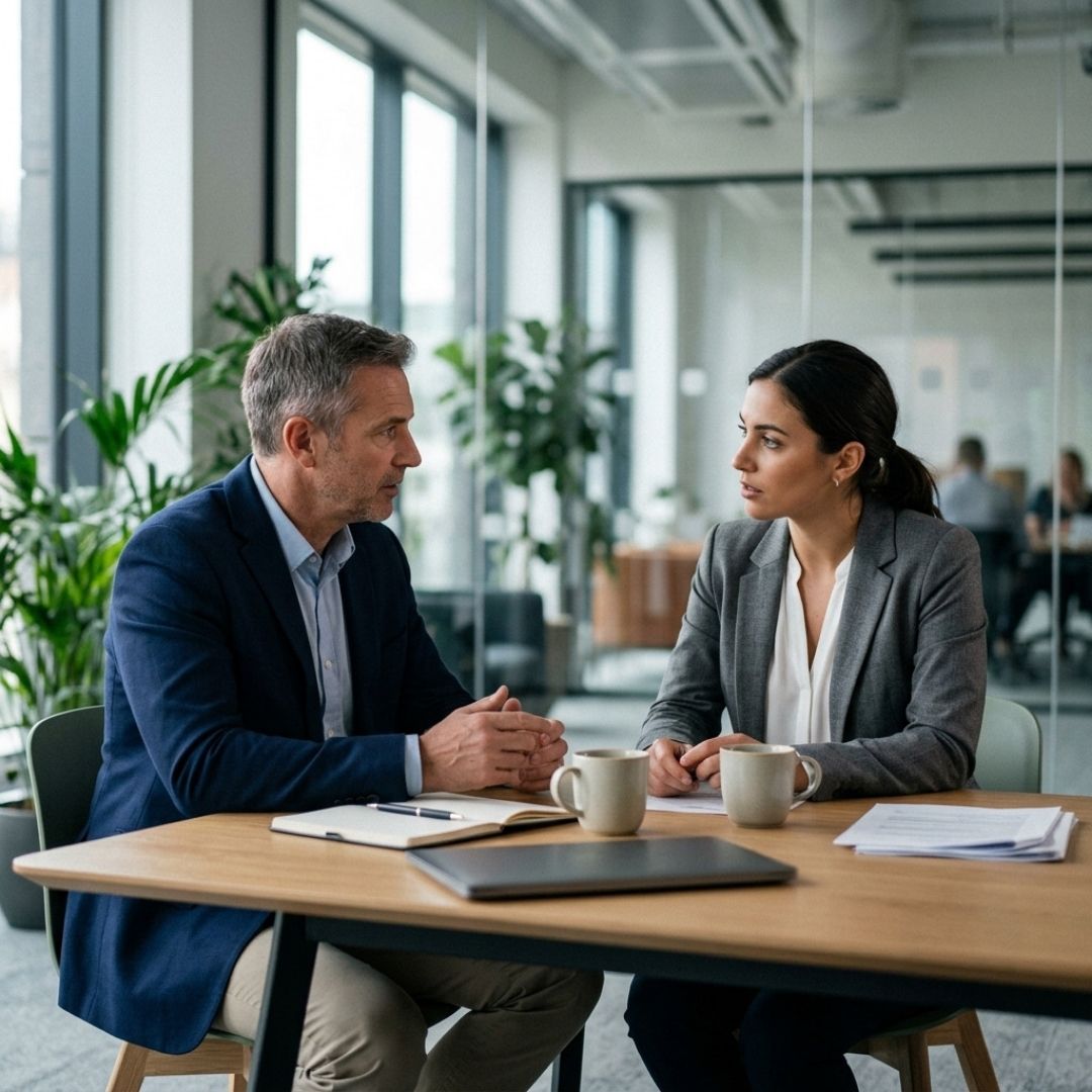 Two people discussing a legal matter in an office.