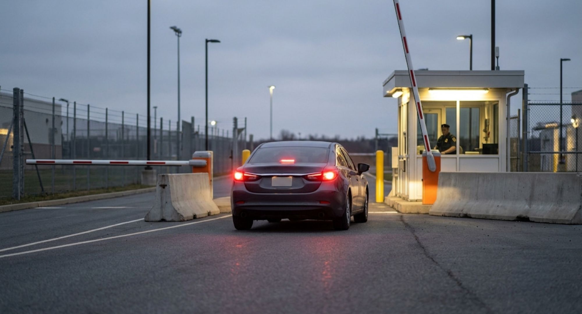 Vehicle approaching a military base security checkpoint.