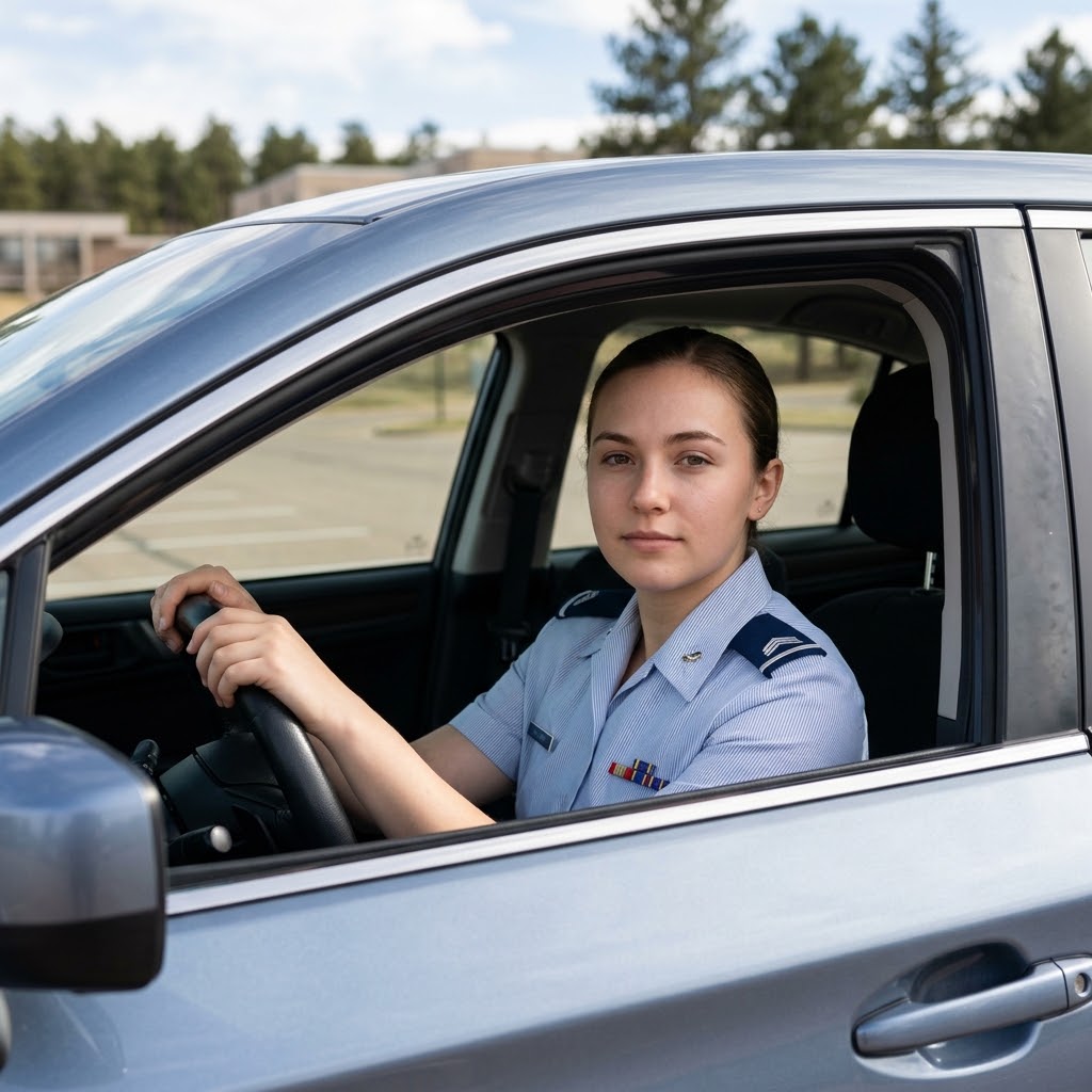 US Air Force Academy cadet in a pristine blue service uniform, sitting quietly in the driver's seat of a silver sedan.
