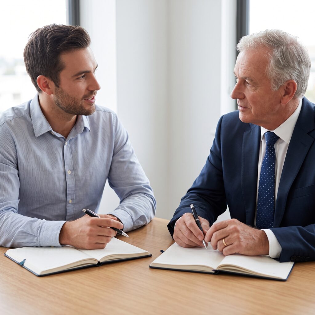 A person in civilian clothes consulting with a lawyer in an office.