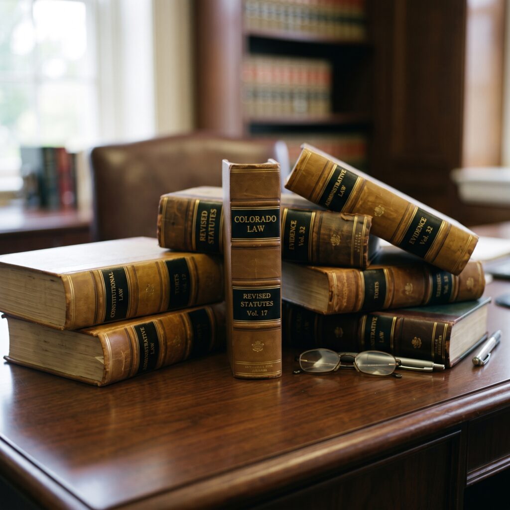 A stack of thick law books, some with 'Colorado Law' visible on the spine, rests on a generic wooden desk.