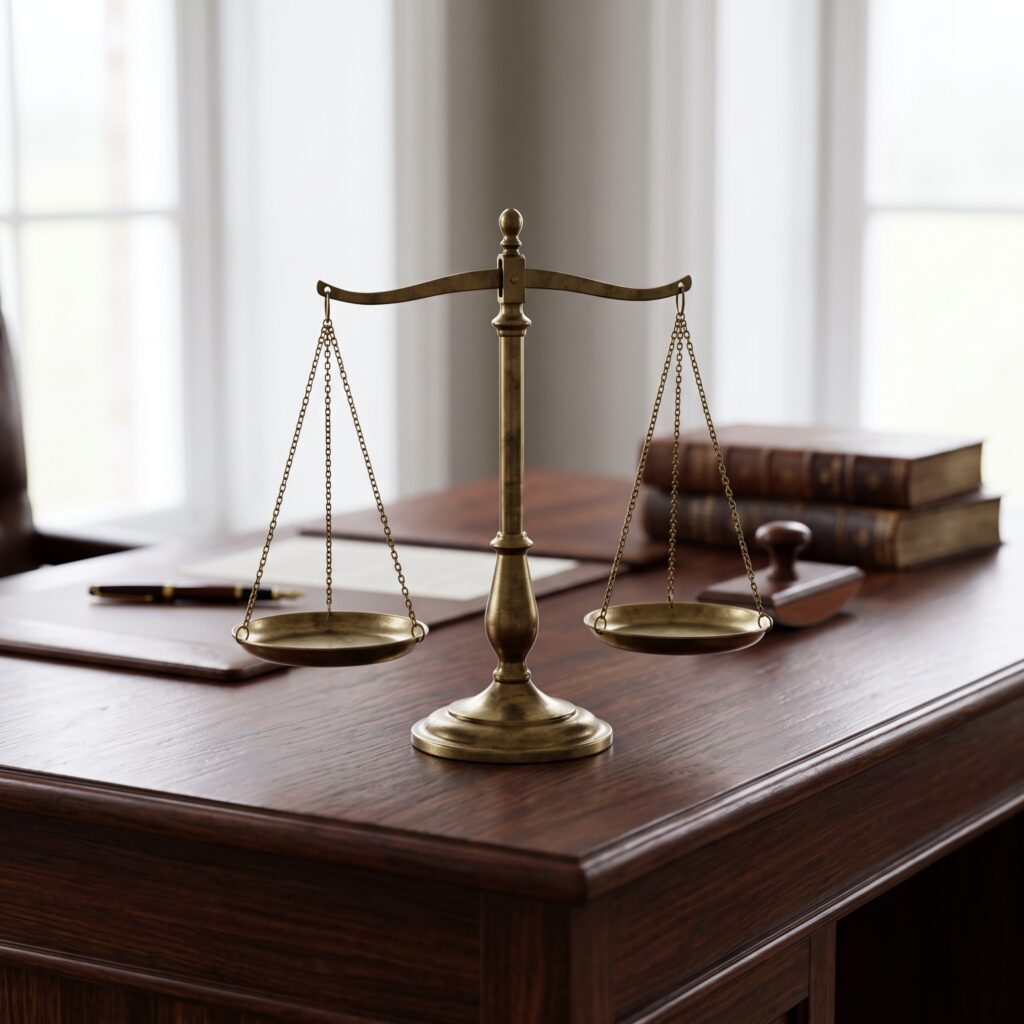 A classic brass scale of justice sits balanced on a wooden desk in a law office.