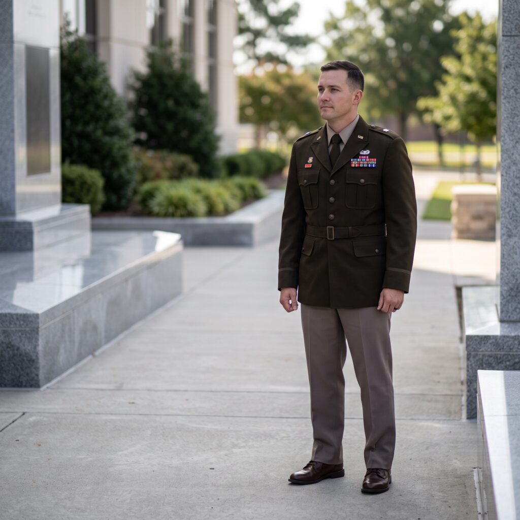 A US Army soldier in a clean service uniform stands outside, looking off to the side with a pensive expression.