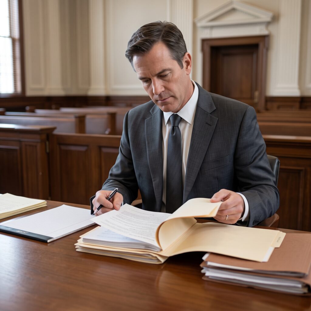 A professional lawyer in a suit sitting at a desk within a courtroom, reviewing legal documents.