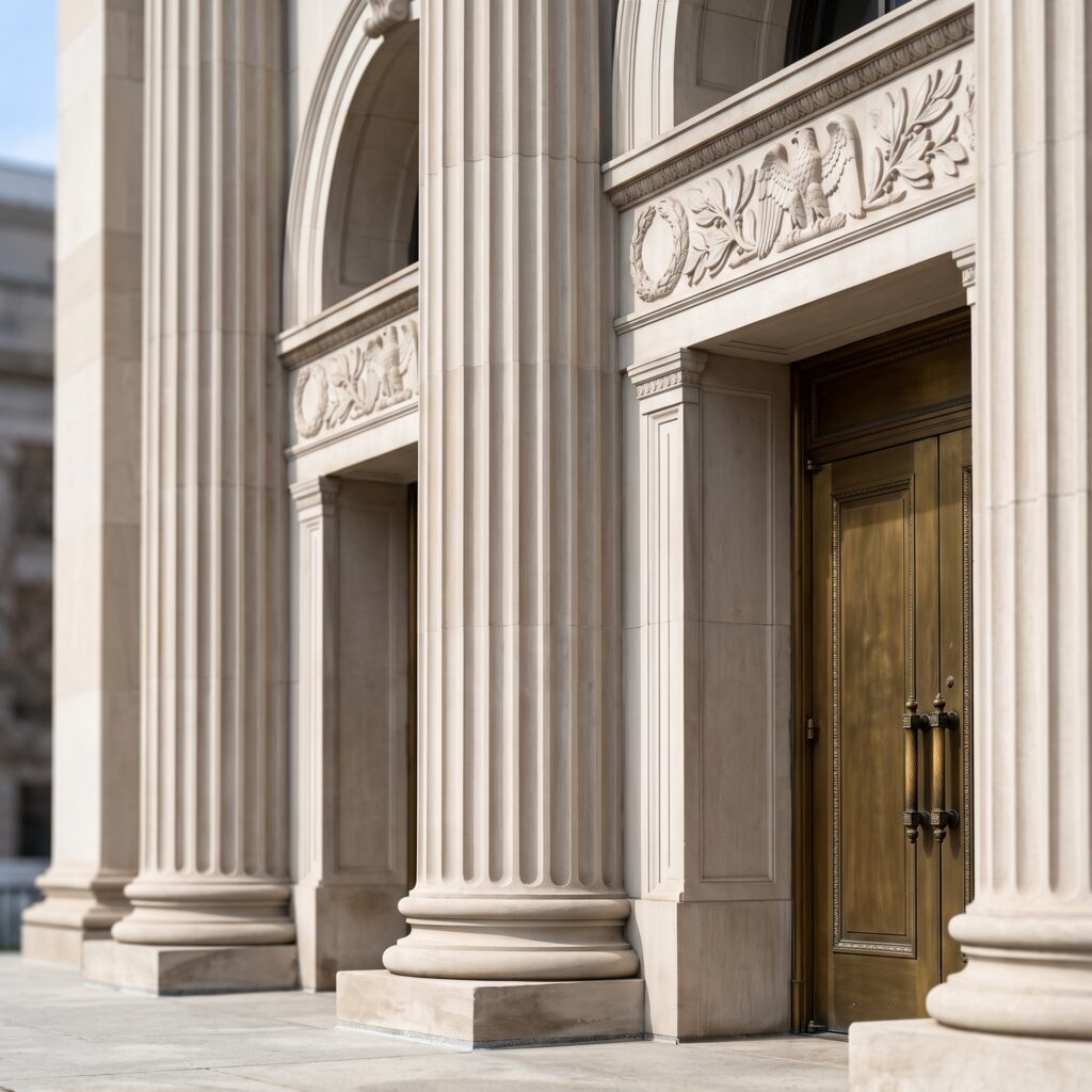 A close-up view of the stone architectural details on the exterior of a federal court building.
