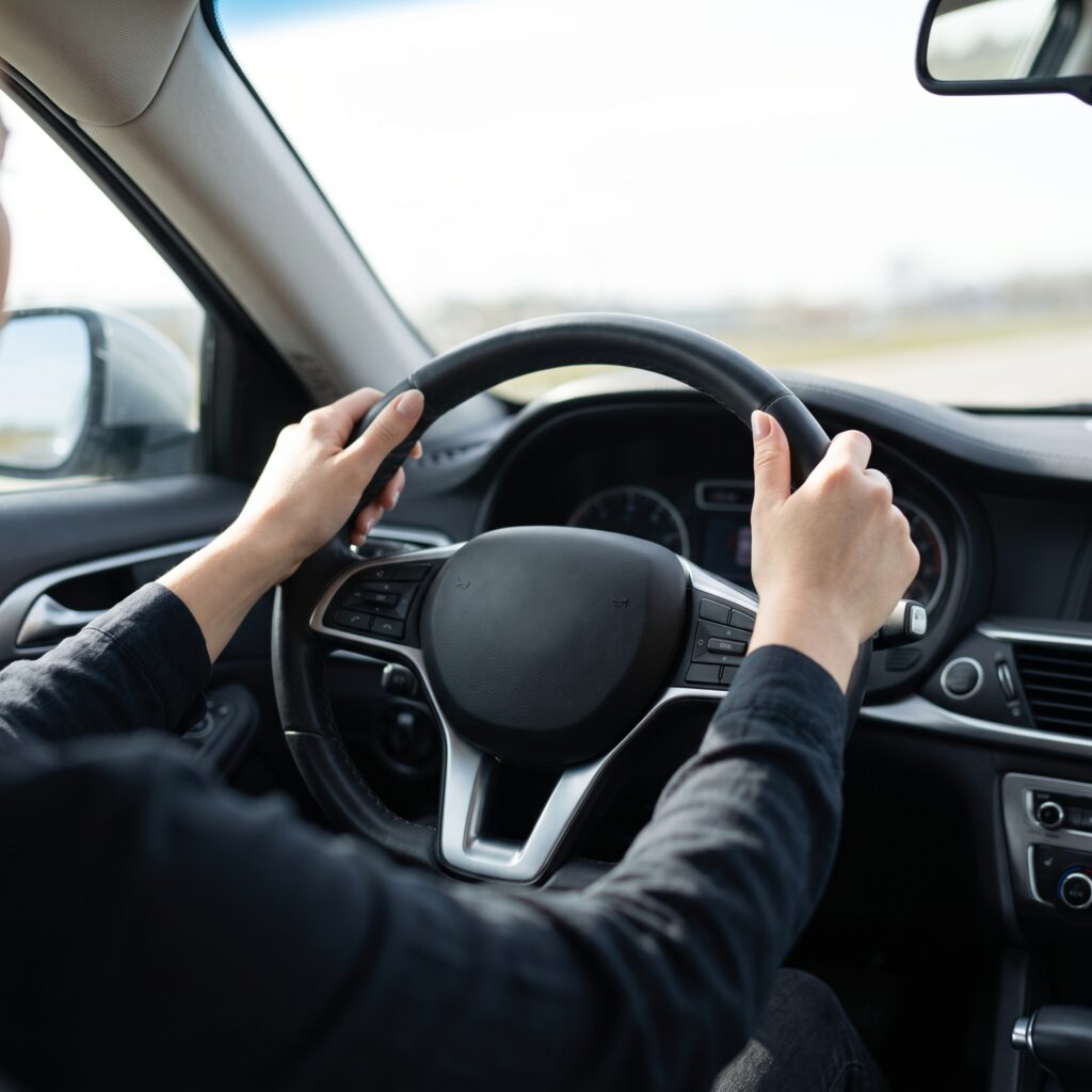 A driver's hands rest calmly at the ten-and-two position on a modern car steering wheel under bright daylight.