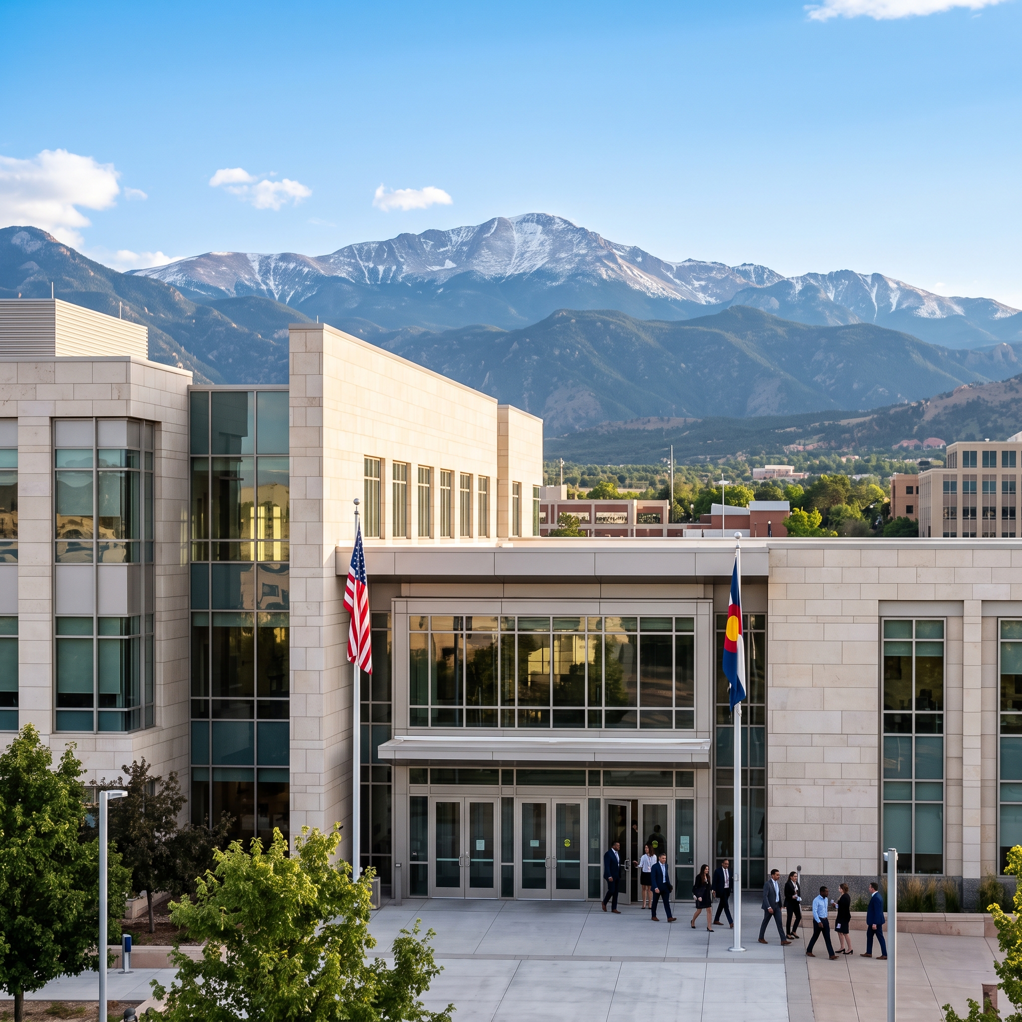 A modern courthouse building in Colorado Springs with mountains visible in the distance.