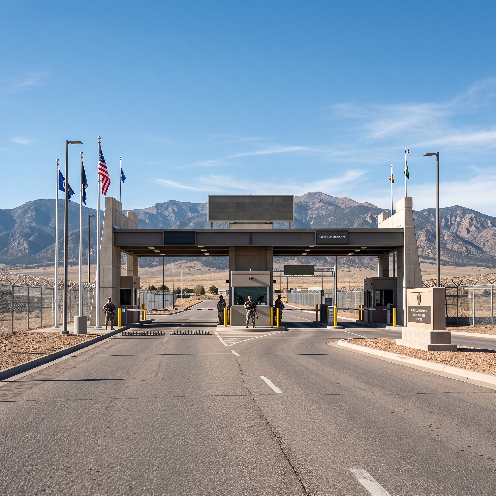 A wide shot of the main entry gate to the Fort Carson military base under a bright blue sky.